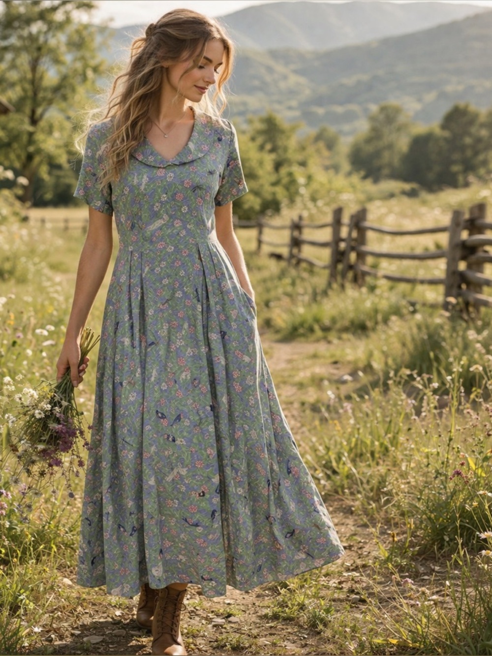 Vintage FLAX Cottagecore Lavender Floral Midi Dress Collared Prairiecore Large - Picture 9 of 9